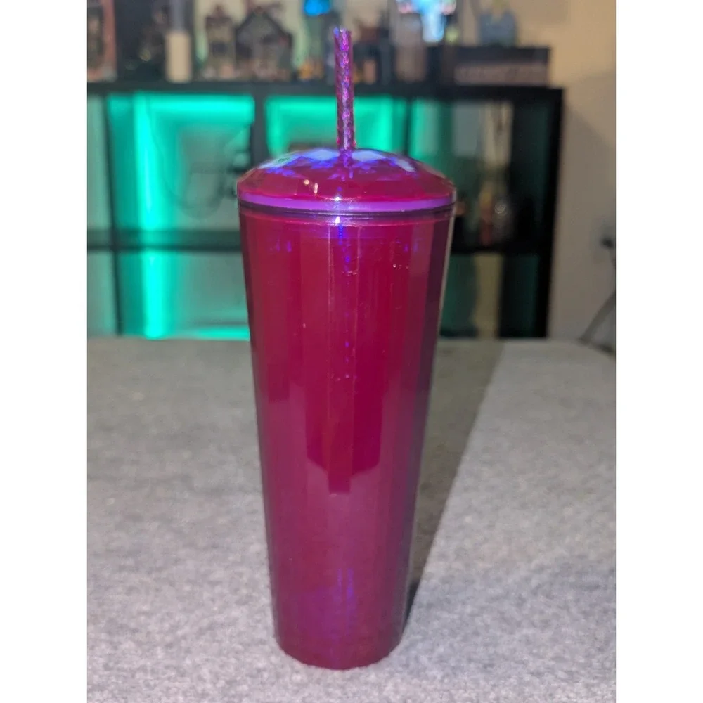 Starbucks Tumbler April 2021 Tall Purple Cold Cup Blue Edge Glow Dome Lid 24 oz